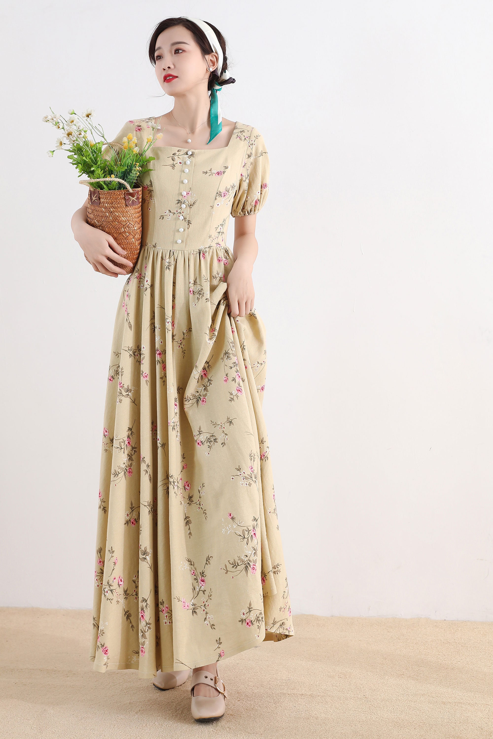 ワンピース Vintage linen dress Short Sleeve Vintage Inspired Linen Cottagecore Dress