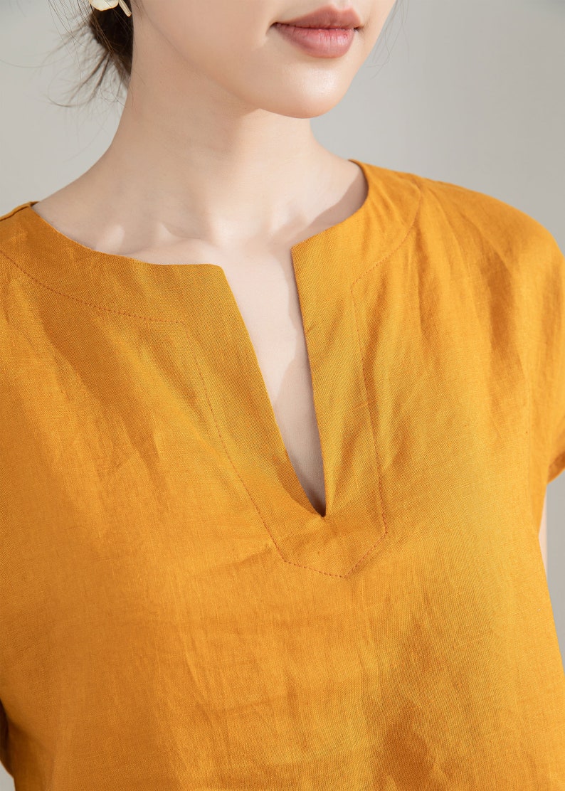 Yellow Linen Shirt, Womens Linen Top, Short Sleeve Casual Linen Blouse, Organic Linen Top, Plus Size Linen, Custom Shirt, Xaolizi 4207 image 8