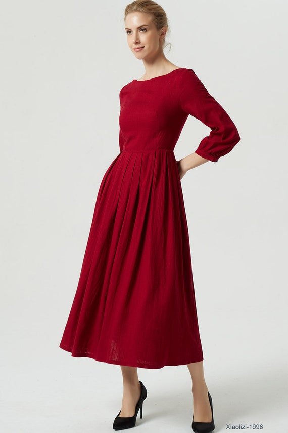 Boat Neck Long Linen Dress, Womens A Line Red Pleated Maxi