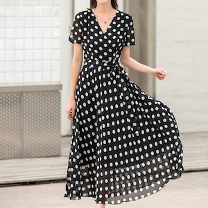 Black Polka Dot Chiffon Dress, Summer Woman Wrap Dress, Short Sleeve V ...