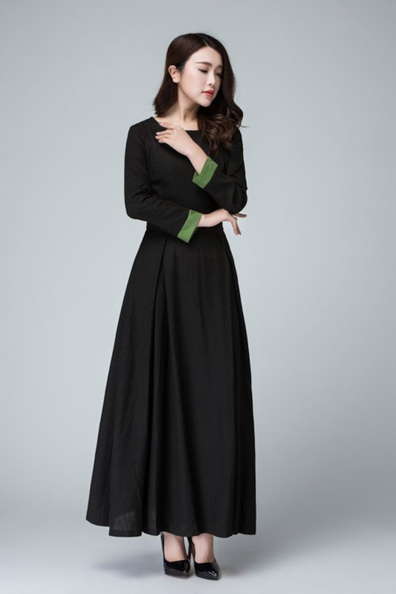 Long Sleeve Maxi dress in Black, Linen dress, Women's dress, Prom dress for women, full length dress, Contract Cuff Long party dress 1450 image 7