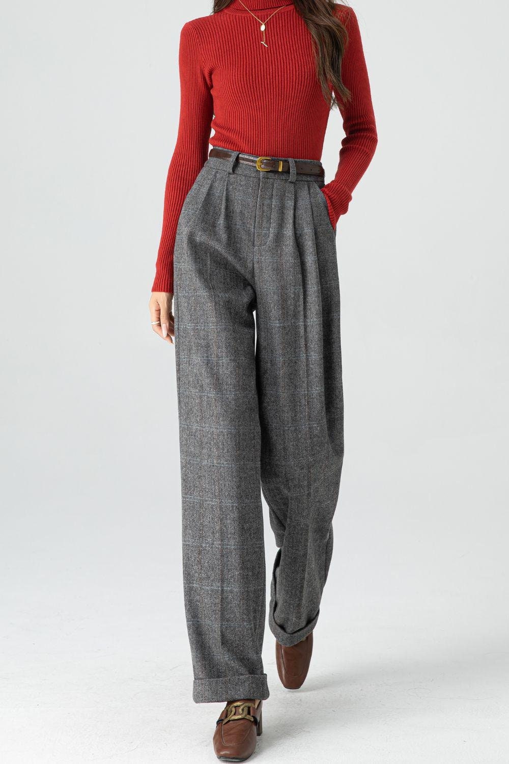 Chic Grey Plaid Wool Trousers for Women, High-waisted Wide-leg Design Perfect for Fall/winter Elegance, Custom Wool Pants, Xiaolizi 5320 - Etsy Chic Grey Plaid Wool Trousers for Women, High-waisted Wide-leg Design Perfect for Fall/winter Elegance, Custom Wool Pants, Xiaolizi 5320 - Etsy