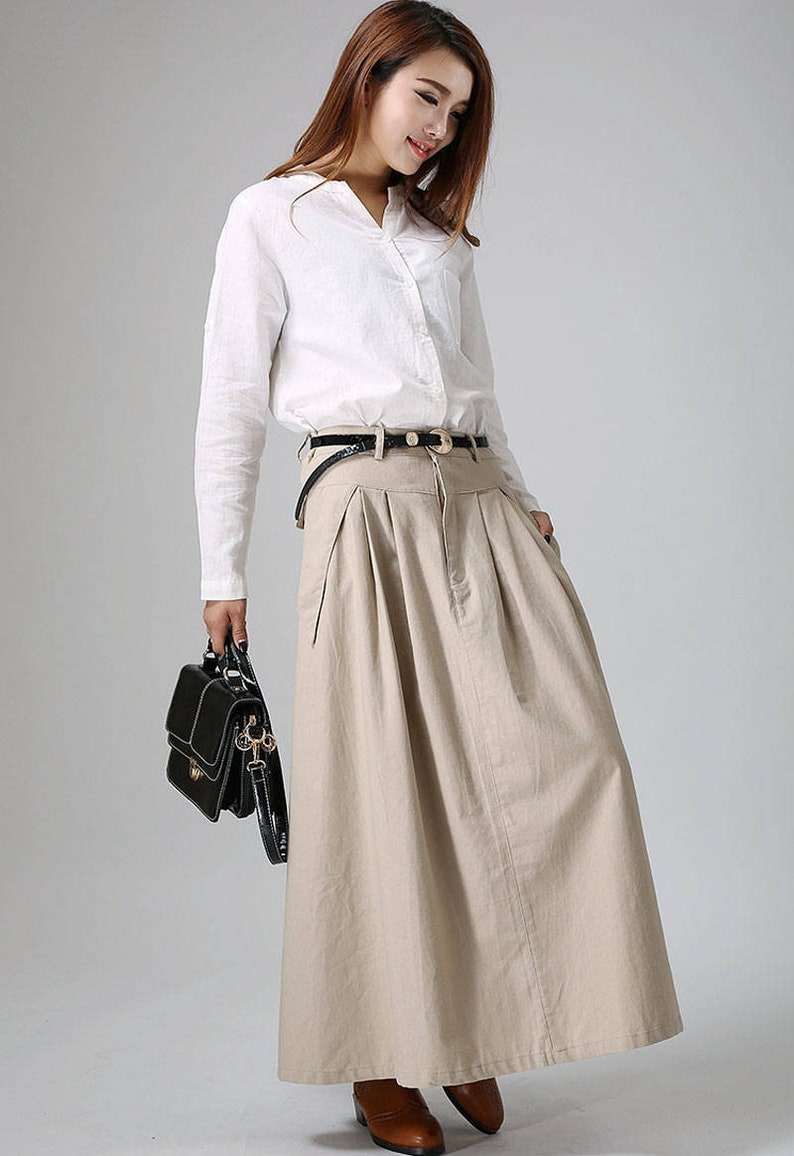 Khaki skirt, maxi skirt, long skirt, casual skirt, linen skirt, summer skirt, pleated skirt, fitted skirt, pockets skirt, gift ideas 0903 image 1