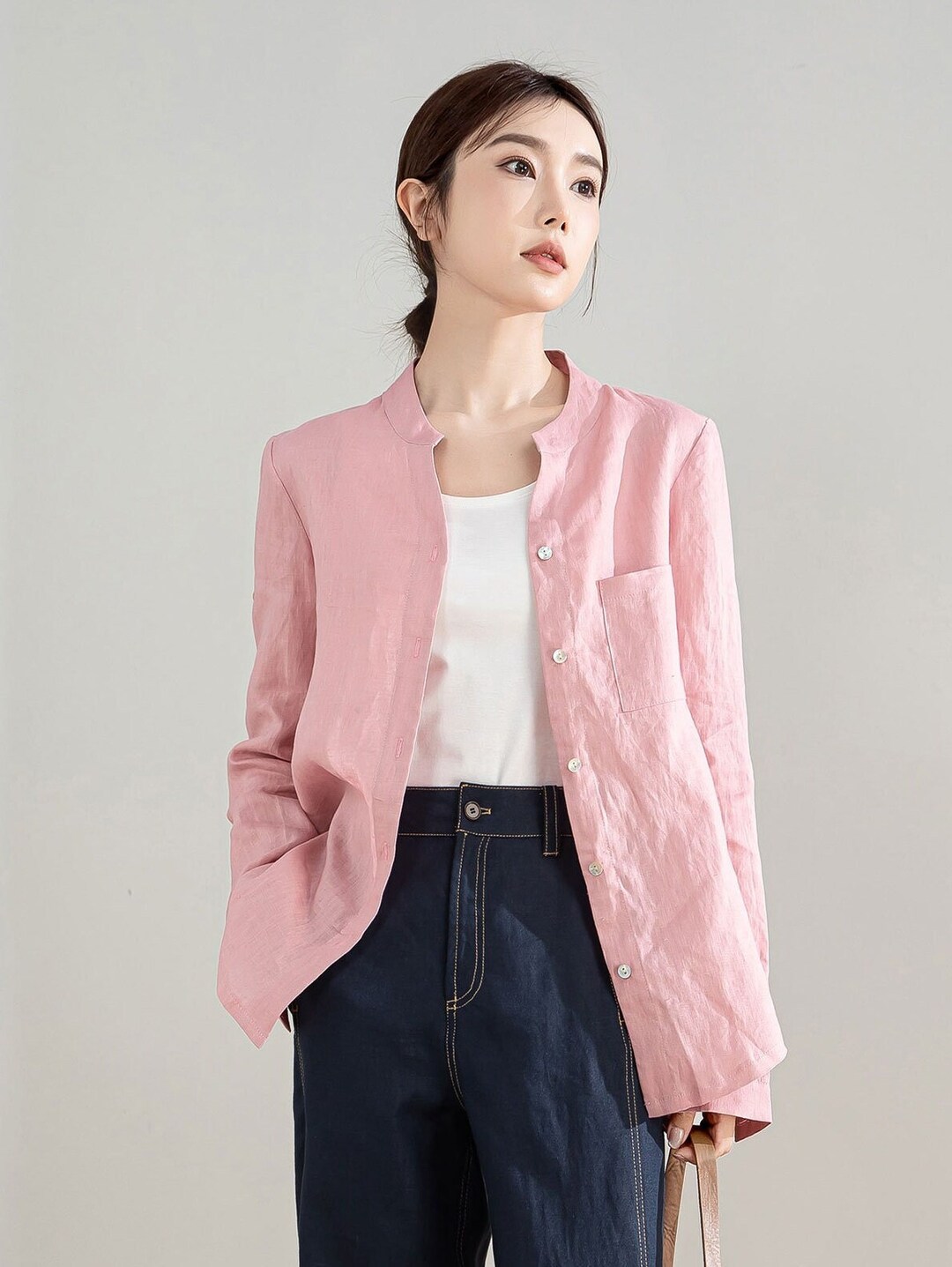 Long Sleeve Pink Linen Shirt, Linen Shirt Women, Causal Linen Blouse