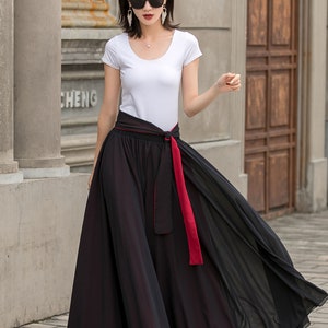 Black Long Chiffon Maxi Skirt Women, Swing Full Circle Skirt, Boho Maxi Skirt, Elastic Waist Chiffon Skirt with Sash, Plus Size Skirt 2714 image 2