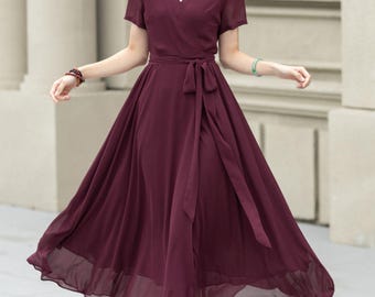 Chiffon Dress, Summer Woman Wrap Dress, Short Sleeve V Neck