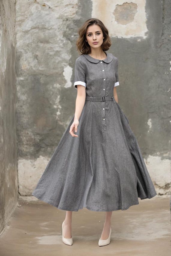 Linen Shirt Dress, Grey Midi Swing Dress, Shirt Dress Women, Short Sleeve  Button up Dress, Fit and Flare Dress, Custom Dress, Xiaolizi 5627# - Etsy