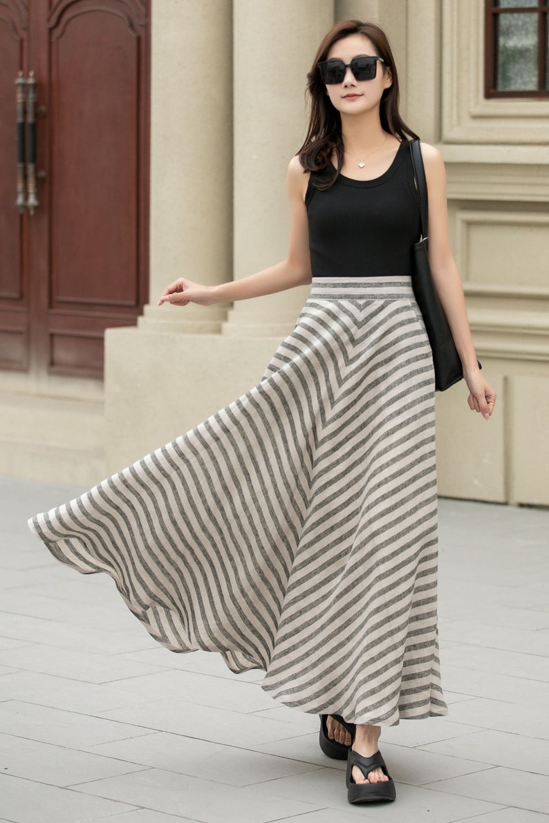 Linen skirt, Midi linen skirt, Swing linen skirt, Linen striped skirt, Spring skirt women, A-line linen skirt, Custom skirt, Xiaolizi 4942 image 8