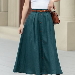 Linen skirt, Women's Midi skirt, A-Line linen Skirt, Button front Skirt, Dark Green Midi skirt with pockets, Plus size Skirt, Xiaolizi 4970 image 9