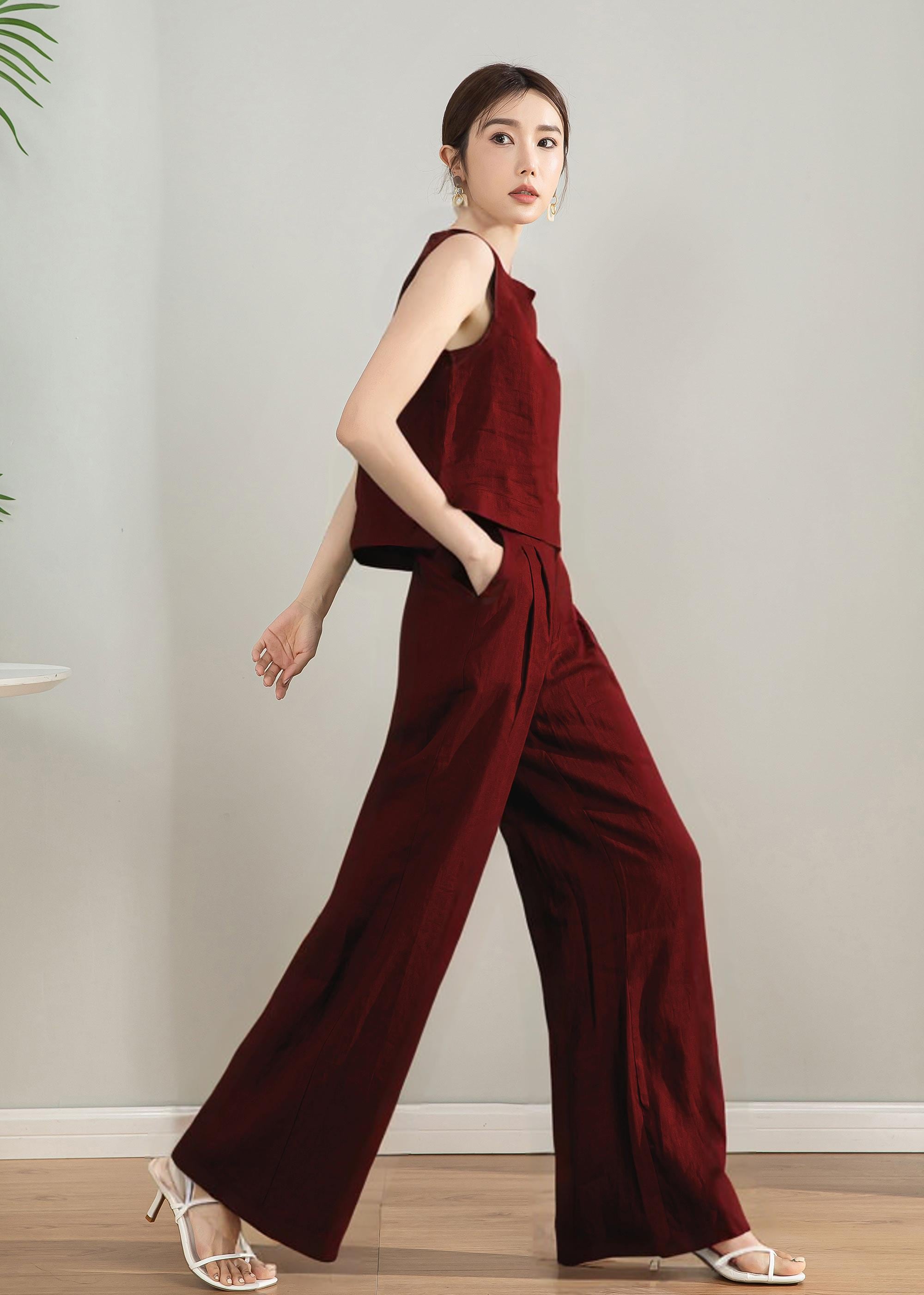 【MODERNIF】Cooling Linen Two-Tuck Wide Pants Green Solid Co-ord Sets, Halter Neck Waist Coat Top, Relaxed