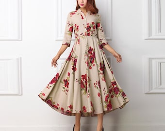 Robe mi-longue modeste, robe en lin floral, robe formelle ajustée et évasée, robe Cottagecore, robe évasée Swing, robe longue de printemps pour femmes 3418 #