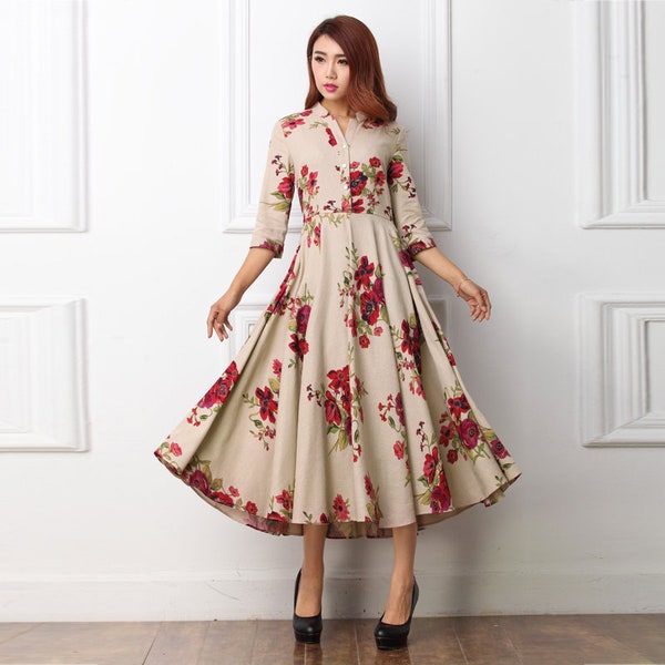 Modest Midi dress, Floral linen dress, Formal Fit and Flare dress, Cottagecore dress, Swing Flared dress, Women's  spring long dress 3418#