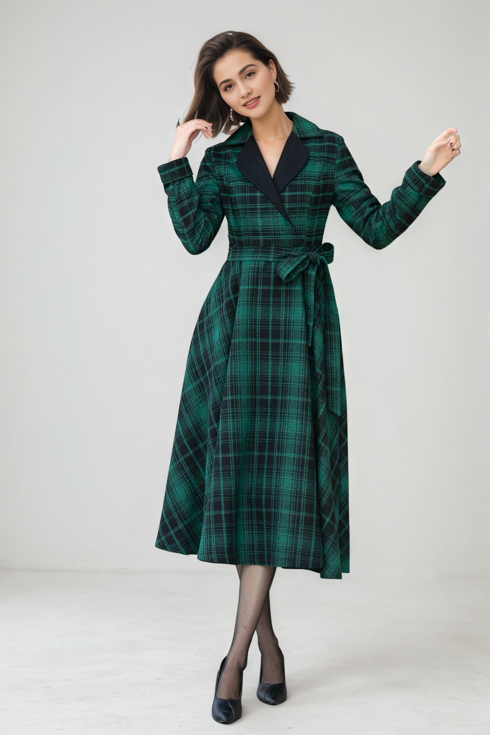 Plaid Wool Midi Dress: Fit & Flare Long Sleeve Swing Dress, Fall Autumn, Xiaolizi 5343