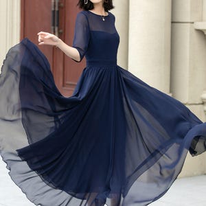 Dark Blue Chiffon Ballroom Maxi Dress, Flowing Summer Swing Party Gown, Custom, Xiaolizi 5143#