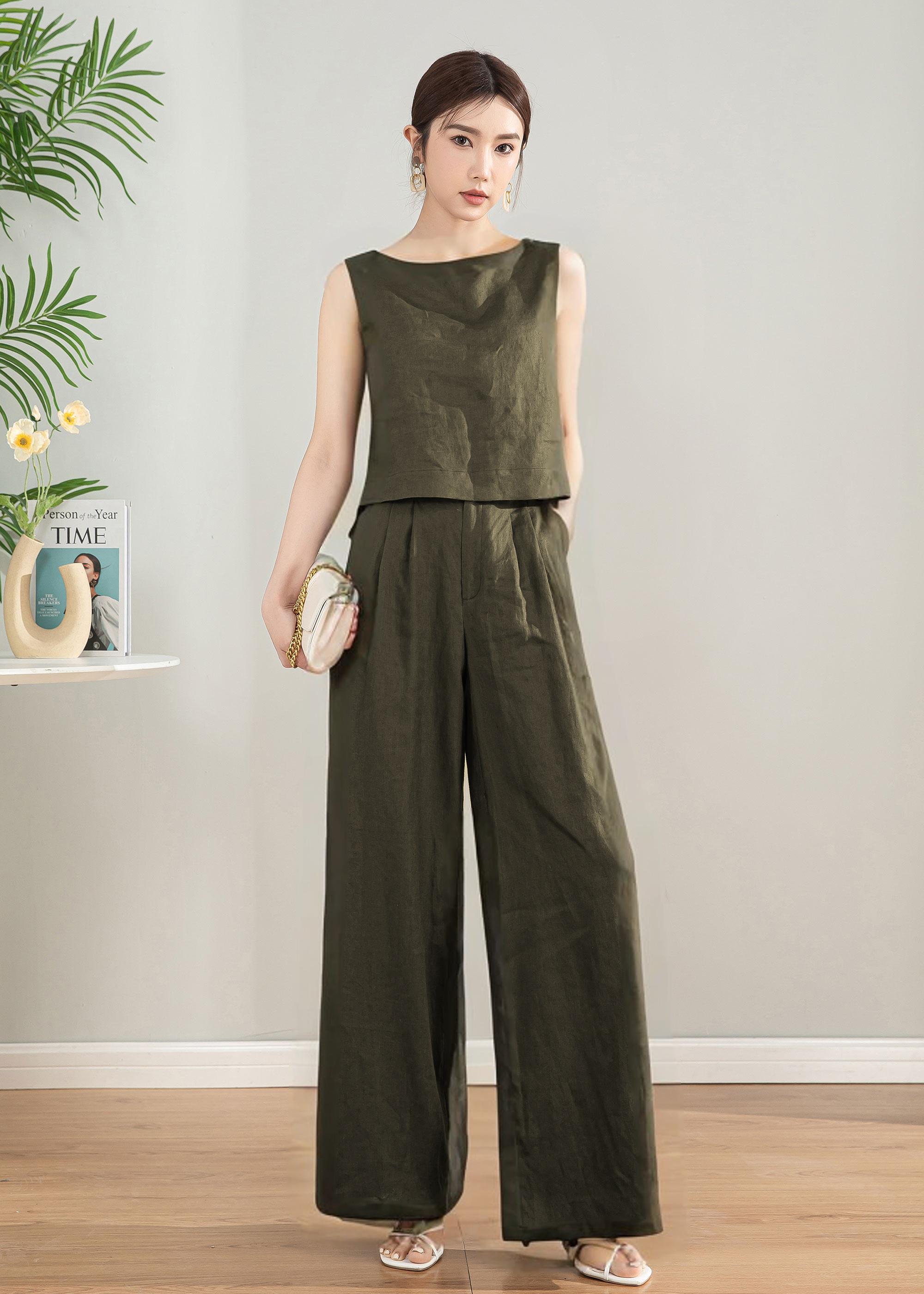 スラックス IONSEOUL Summer linen wide two-tuck pants JE1101 Soojun Men's Linen Beach Pants Lightweight Summer Pants with