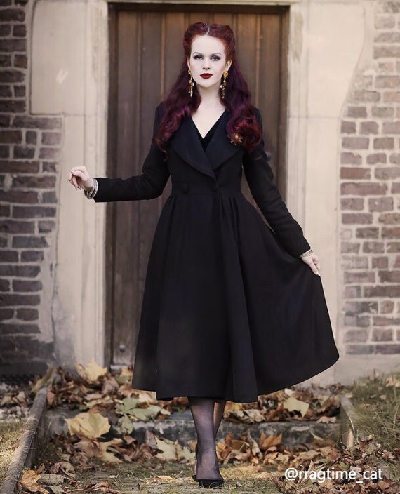 Vintage 50s Winter Black Wool Princess Coat 3394 Vintage 50s Winter Black Wool Princess Coat 3394