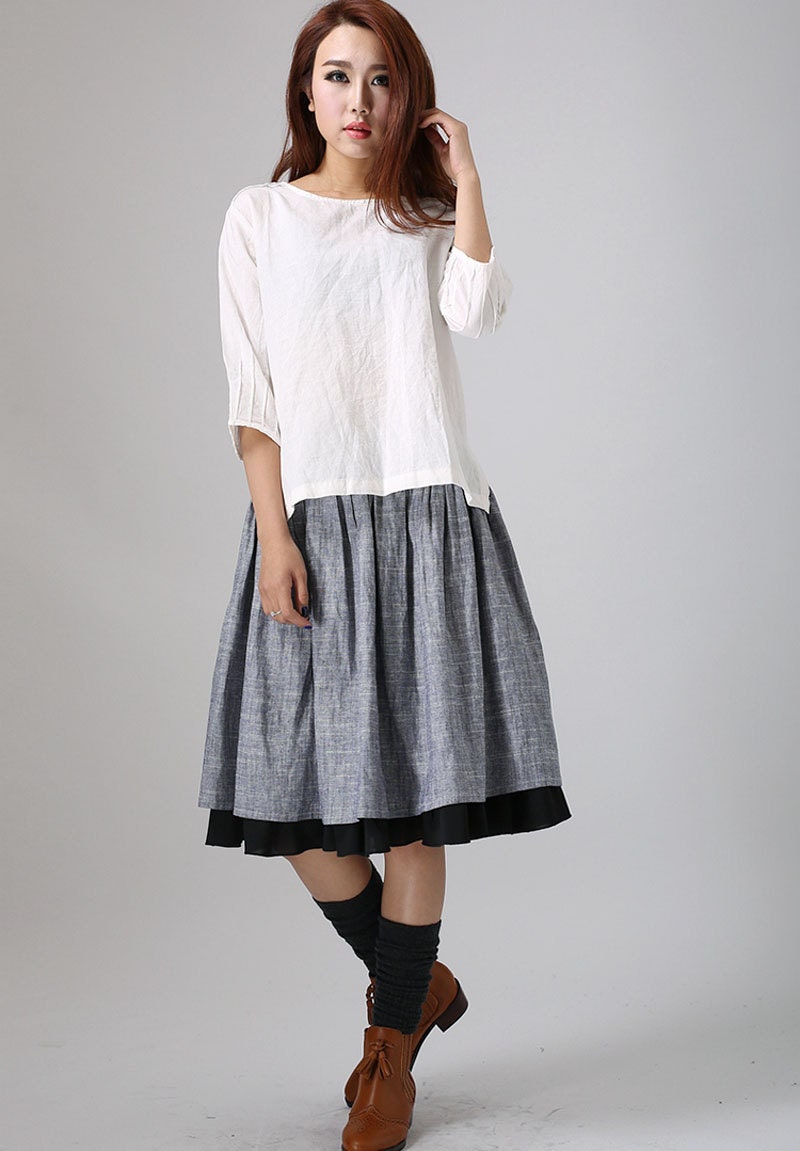 Gathered Midi skirt Linen skirt Skater skirt gray skirt | Etsy