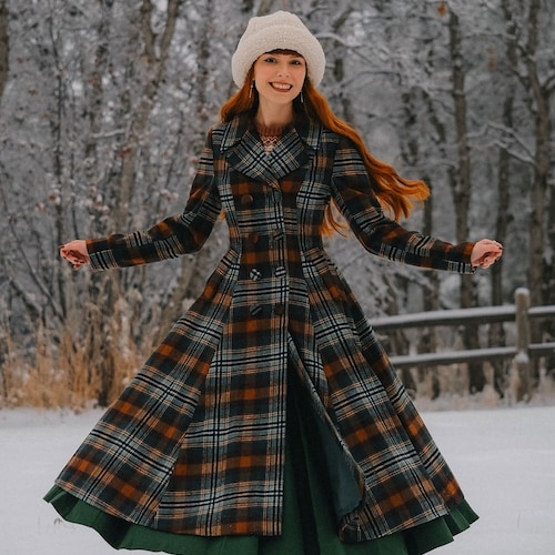 Wool Coat, Long Plaid Wool Coat, Wool Coat Women, A Line Wool Coat
