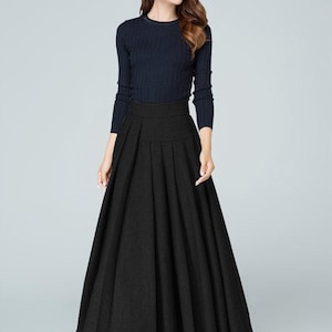 Pleated Gray Wool Maxi Skirt: Elegant Winter Skirt, Handmade, Xiaolizi 1587# Black-6514