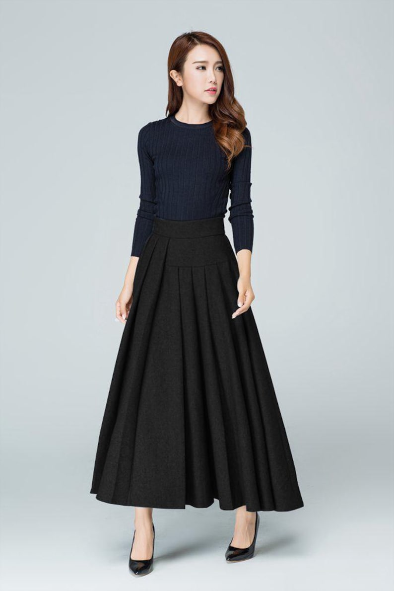 Pleated Gray Wool Maxi Skirt: Elegant Winter Skirt, Handmade, Xiaolizi 1587# Black-6514