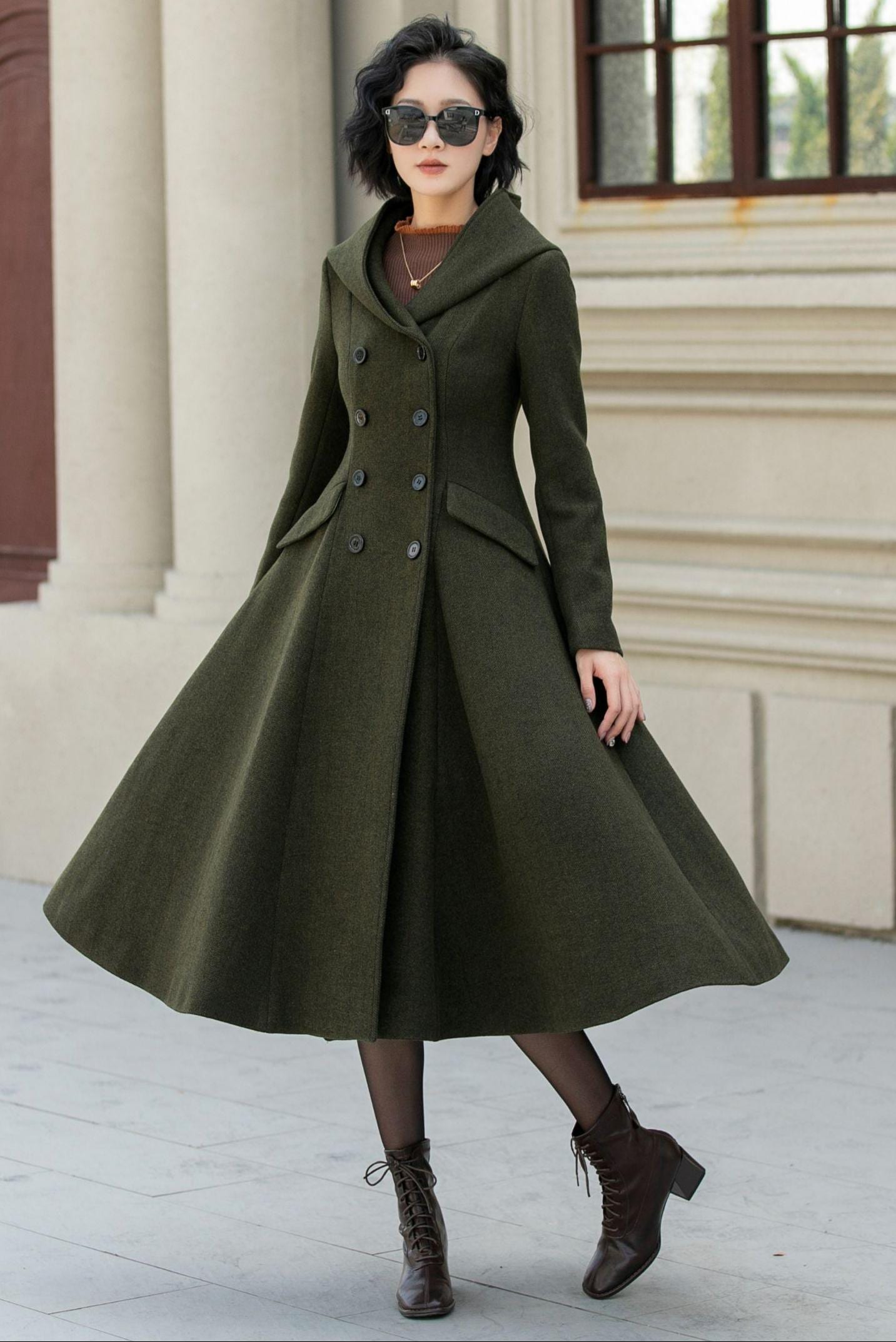Wool Hooded Midi Coat: Vintage Double-breasted Winter Overcoat