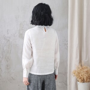 Women's white Linen Blouse, Plus Size Blouse, Minimalist Blouse, Long Sleeve Linen Blouse, Spring Summer Blouse, Custom Tops, Xiaolizi 3344 image 5