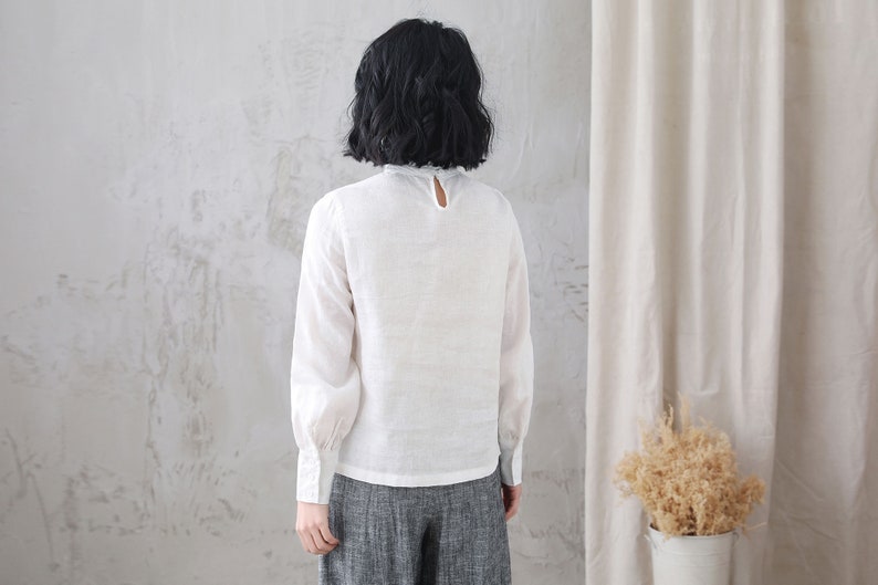 Women's white Linen Blouse, Plus Size Blouse, Minimalist Blouse, Long Sleeve Linen Blouse, Spring Summer Blouse, Custom Tops, Xiaolizi 3344 image 5