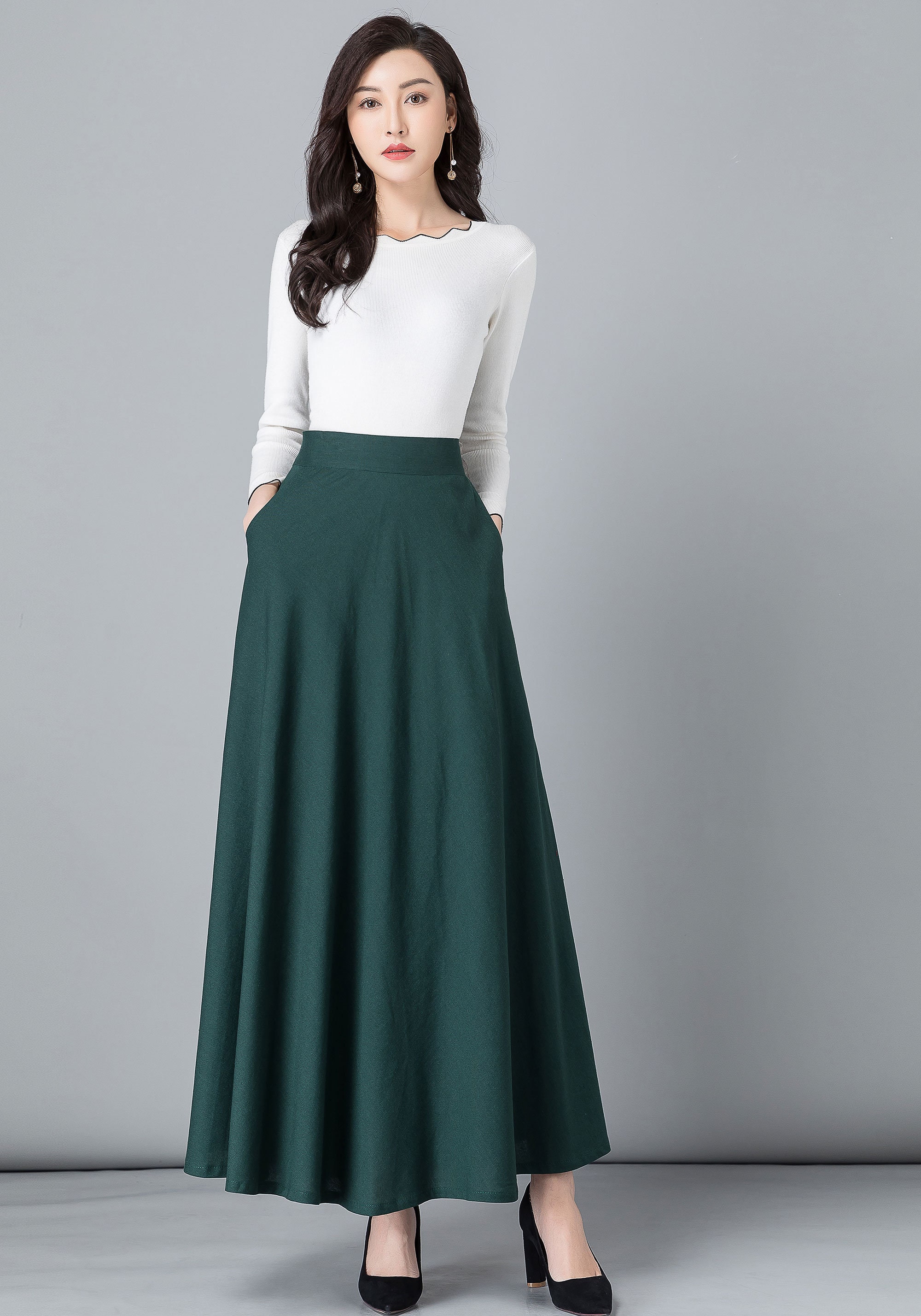 Green Linen skirt Maxi cotton Linen skirt Elastic waist Etsy