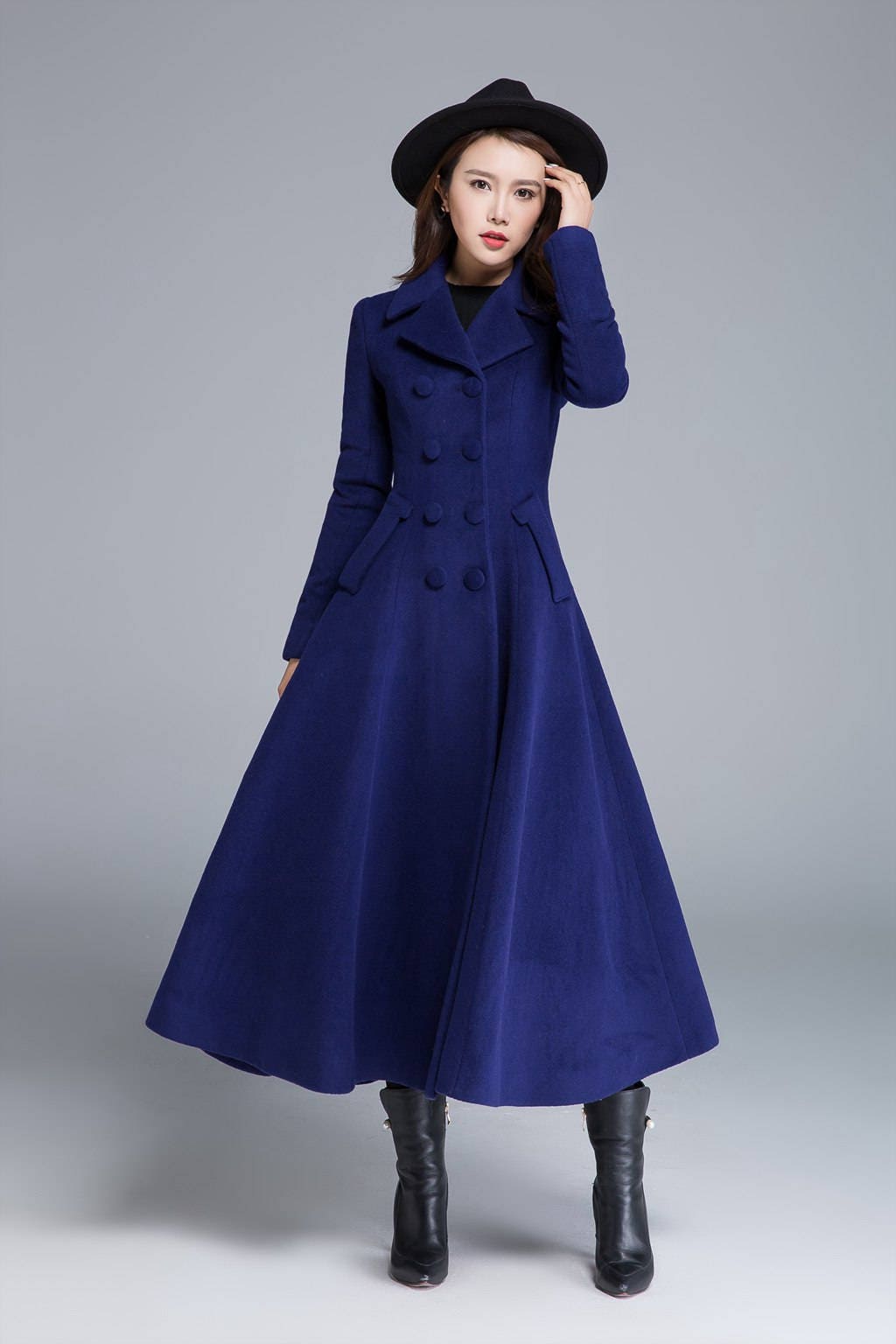 Long wool coat blue coat wool coat winter coat pleated | Etsy