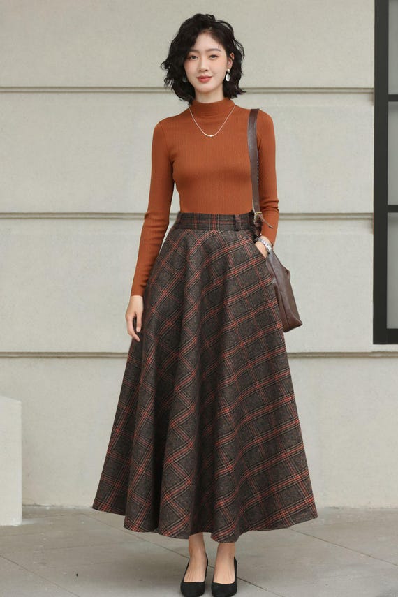 Brown Plaid Wool Maxi Skirt: Classic A-line Plus Size Skirt