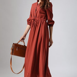 Rust Red Linen Shirt Dress, Casual Linen Maxi Dress with Drawstring, Custom Long Sleeve Swing Dress, Button down Retro Fall Dress 0804 image 4