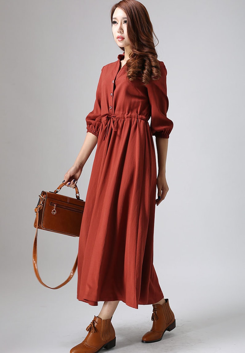 Rust Red Linen Shirt Dress, Casual Linen Maxi Dress with Drawstring, Custom Long Sleeve Swing Dress, Button down Retro Fall Dress 0804 image 4