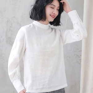 Women's white Linen Blouse, Plus Size Blouse, Minimalist Blouse, Long Sleeve Linen Blouse, Spring Summer Blouse, Custom Tops, Xiaolizi 3344 image 1