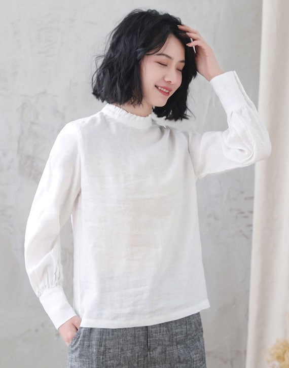 Women's white Linen Blouse, Plus Size Blouse, Minimalist Blouse, Long Sleeve Linen Blouse, Spring Summer Blouse, Custom Tops, Xiaolizi 3344