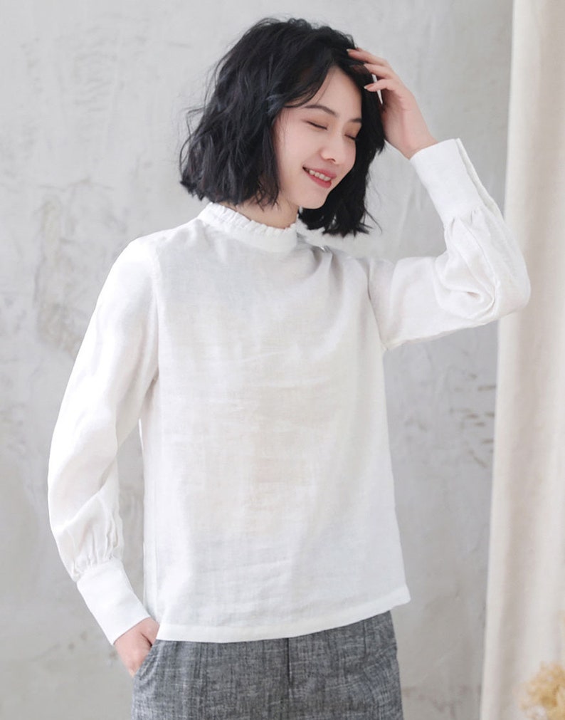 Women's white Linen Blouse, Plus Size Blouse, Minimalist Blouse, Long Sleeve Linen Blouse, Spring Summer Blouse, Custom Tops, Xiaolizi 3344 image 1