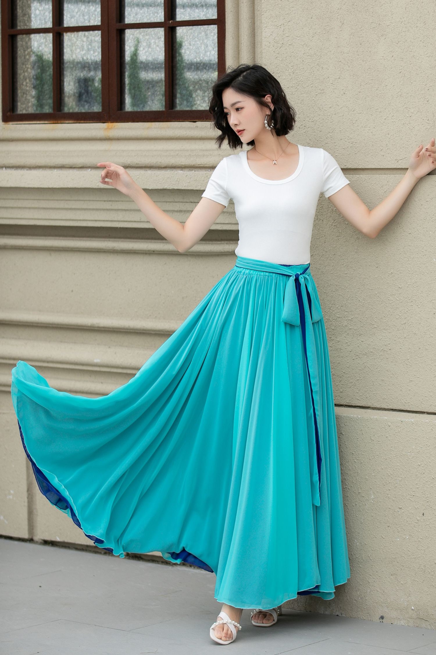 room306♡Chiffon Tuck Maxi Skirt Chiffon Maxi Skirt Women, Summer Swing Chiffon Skirt, Blue