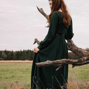 Women's Vintage Inspired Long Sleeve Medieval Maxi Dress, Green Long Linen Dress, Modest Linen dress, Spring Autumn Dress, Xiaolizi 1454 image 3