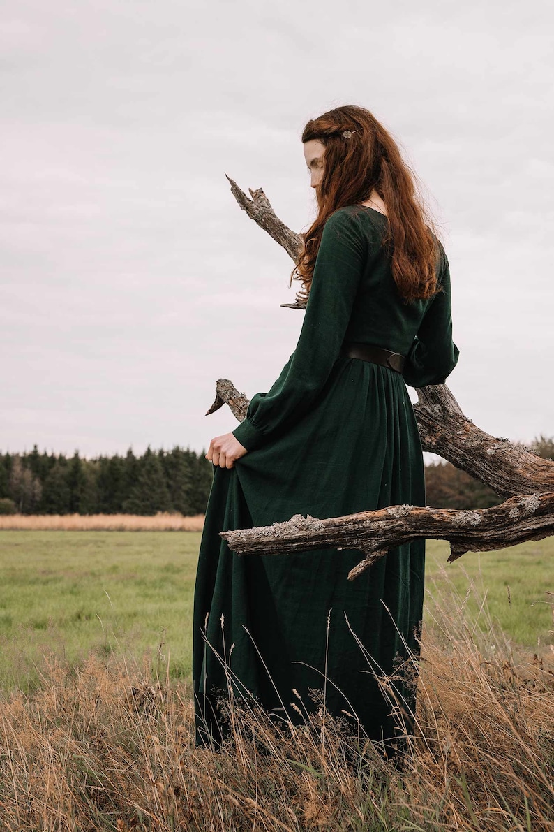 Women's Vintage Inspired Long Sleeve Medieval Maxi Dress, Green Long Linen Dress, Modest Linen dress, Spring Autumn Dress, Xiaolizi 1454 image 3