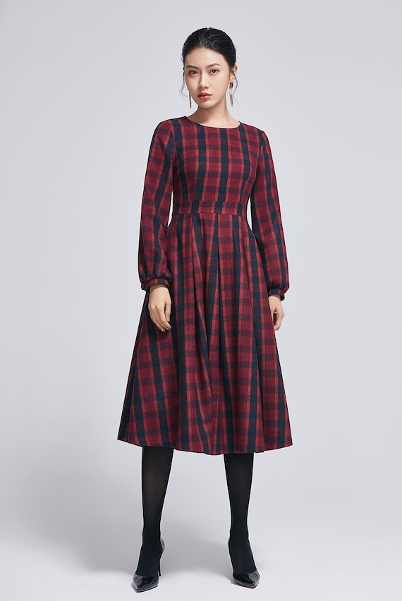 Retro Plaid Wool Dress, Midi Wool Dress, Womens Dress, Winter Red Blue Plaid  Dress, Warm Dress, Pleated Dress, Lantern Sleeve Dress 2264 