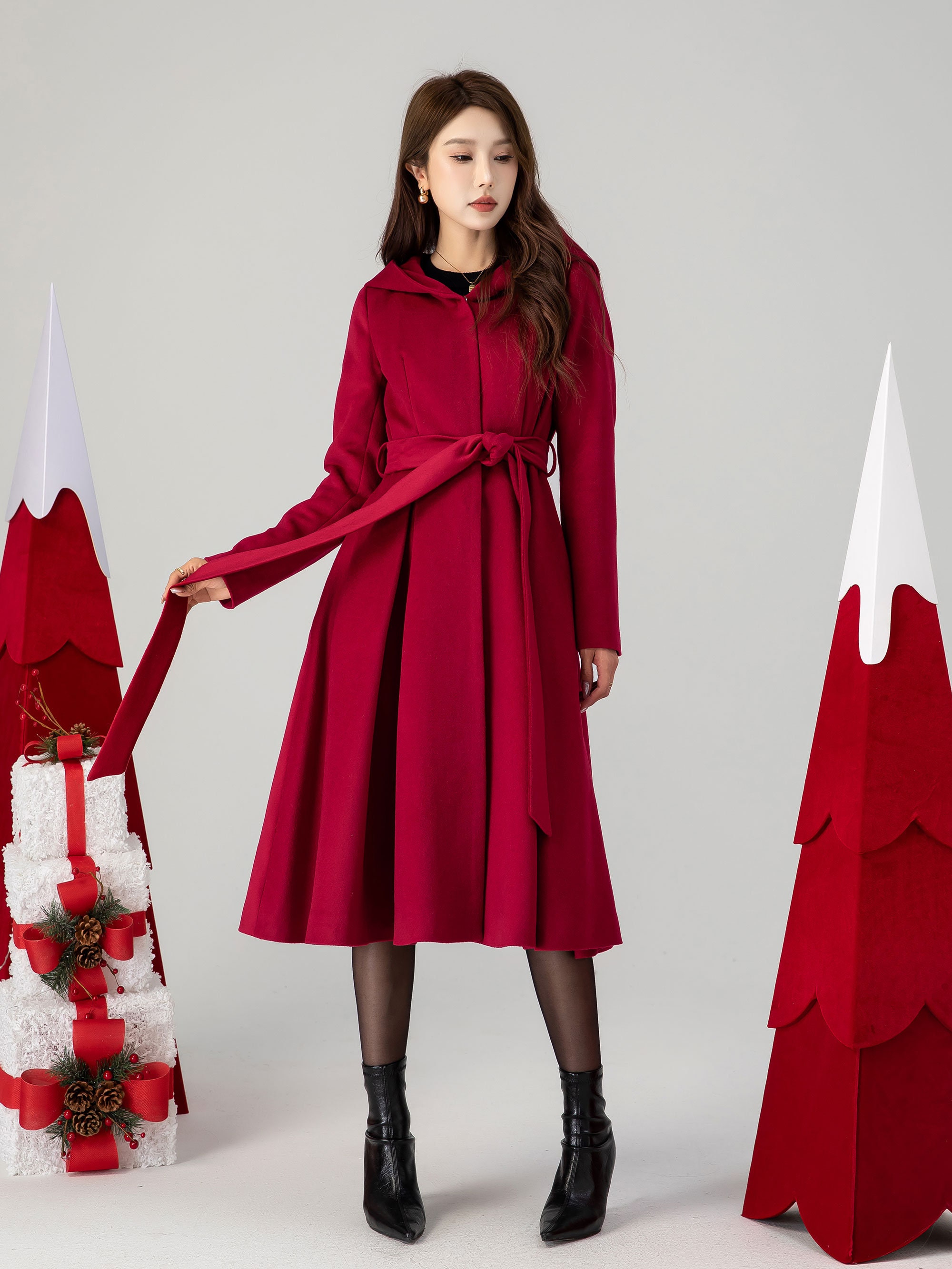 Red Hooded Wool Coat, Women Wool Coat, Swing Midi Coat, Warm