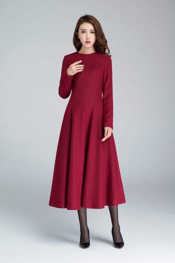 Wool Dress Vintage, Womens Dresses Casual, Red Dress Women, Midi Winter  Dress, Fall Dress for Women, Ladies Dresses, Fitted Dress 1618 