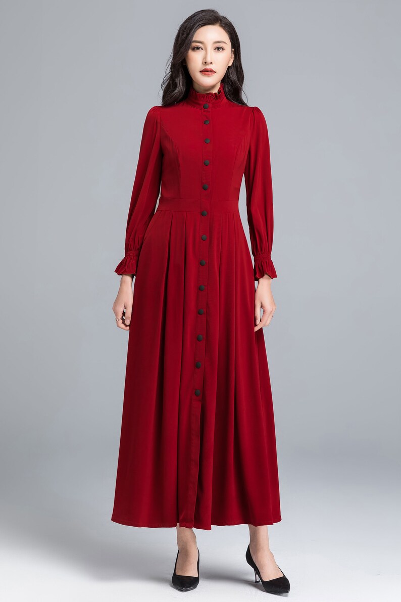 Long Sleeve Red Maxi Dress Button Front Dress Long Dress Etsy