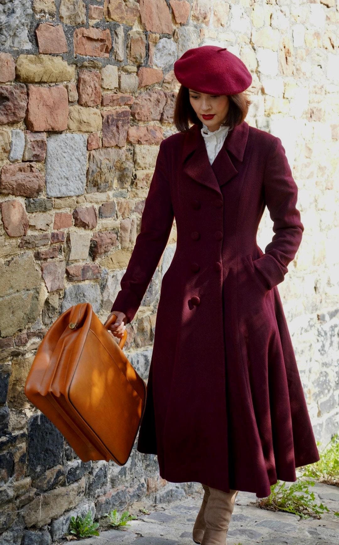 Wool Coat, Wine Red Wool Princess Coat, 1940s Wool Coat