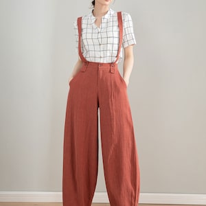 Red Suspender linen Pants, Womens Baggy Linen Pants, Spring Summer Linen Pants, Vintage Inspired Long Pants, Custom Pants, Xiaolizi 4212 image 3