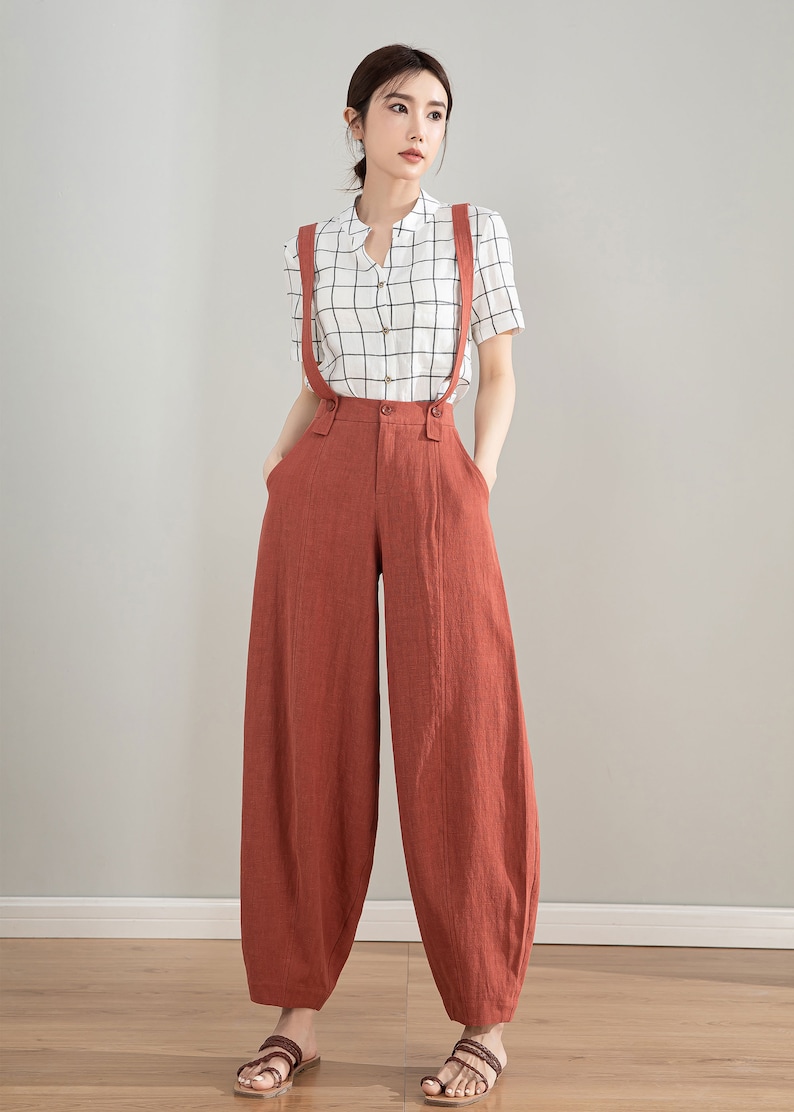 Red Suspender linen Pants, Womens Baggy Linen Pants, Spring Summer Linen Pants, Vintage Inspired Long Pants, Custom Pants, Xiaolizi 4212 image 3