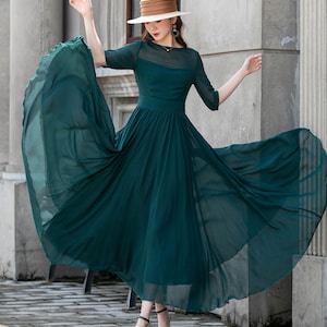 Polka Dot Maxi Chiffon Dress Women, Fit and Flare Dress, Swing Chiffon Long Maxi Dress with sleeve, Wedding Dress, Summer Boho Dress 1534 Dark green