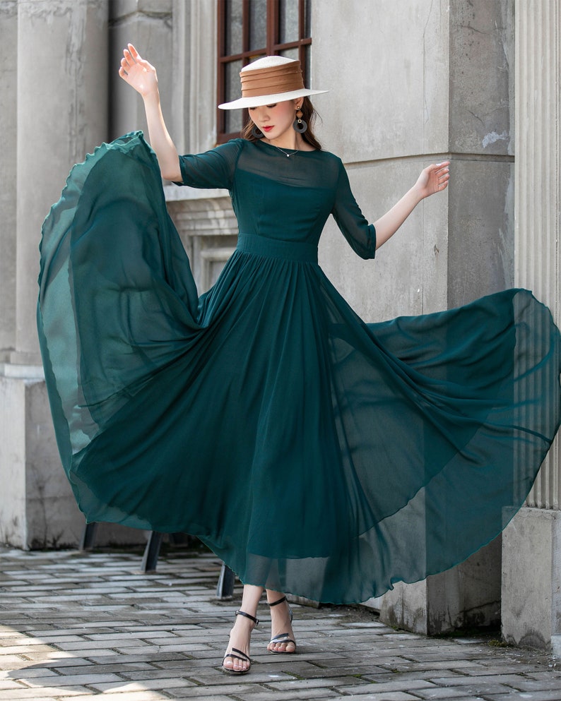 Polka Dot Maxi Chiffon Dress Women, Fit and Flare Dress, Swing Chiffon Long Maxi Dress with sleeve, Wedding Dress, Summer Boho Dress 1534 Dark green