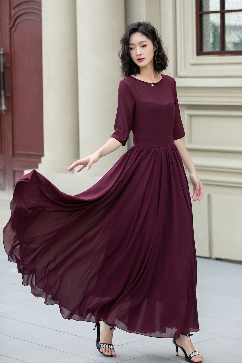 Chiffon Maxi dress, Fit and Flare Chiffon dress, Women burgundy dress, Summer Swing dress, Prom Chiffon dress, Custom Dress, Xiaolizi 5113 image 3