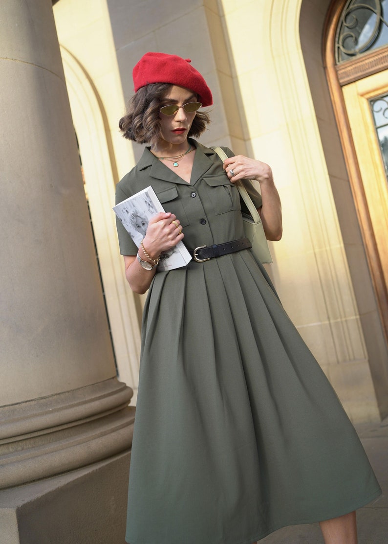 Midi shirt dress for Women, Pleated Shirt work Dress, Green Fit Flare Summer Midi Dress, Military Swing Dress, Short Sleeve Long Dress 2821 image 8