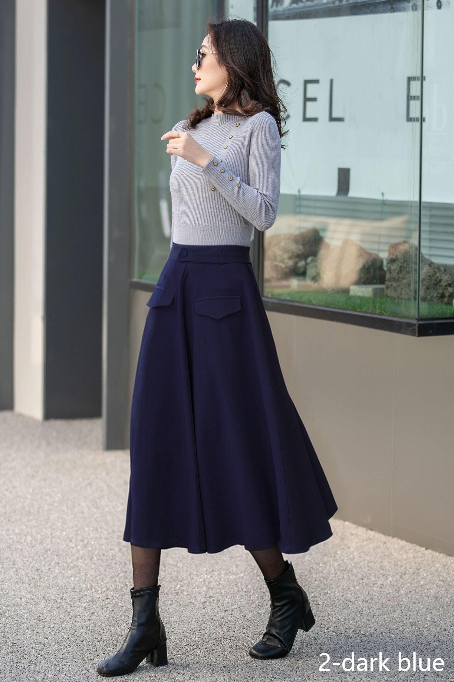 Beige Midi Wool Skirt, High Waisted Skirt With Pockets